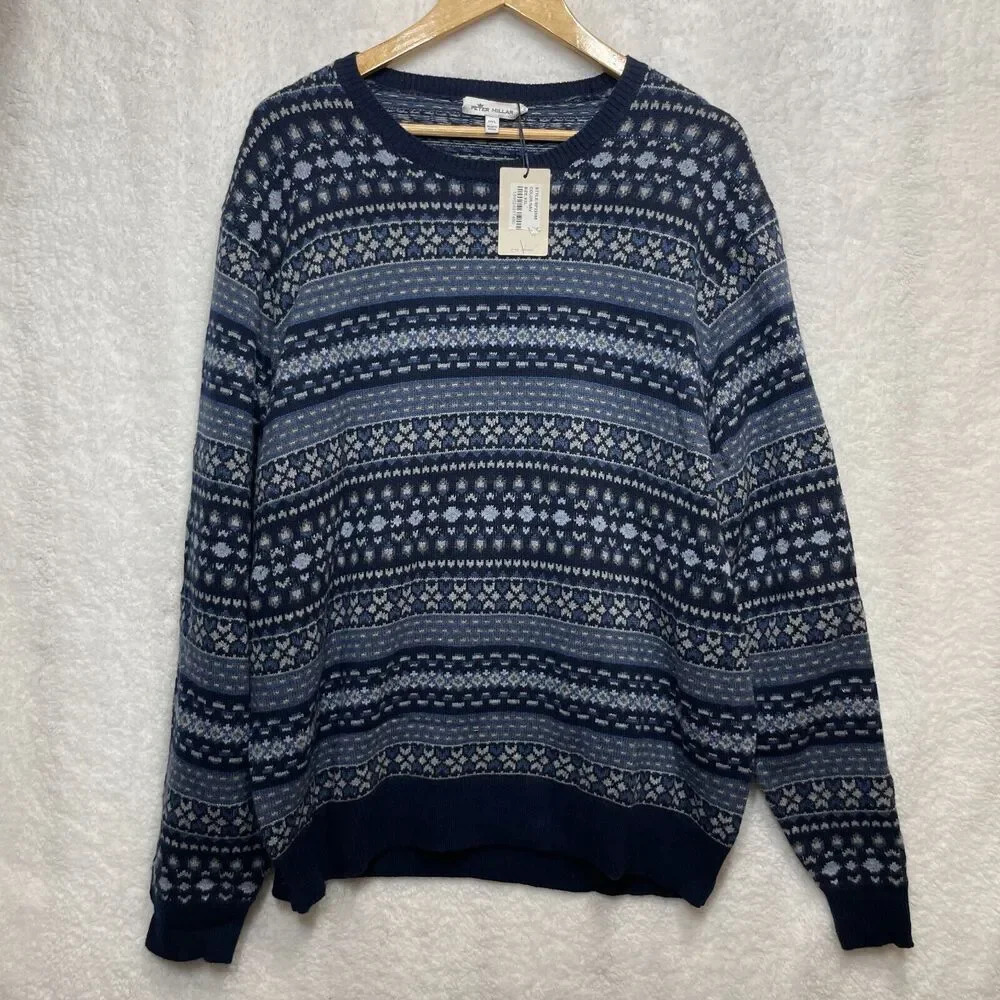 Peter Millar Bellows Mens Sweater XXL Navy Fair Isle Wool Blend Pullover $248
